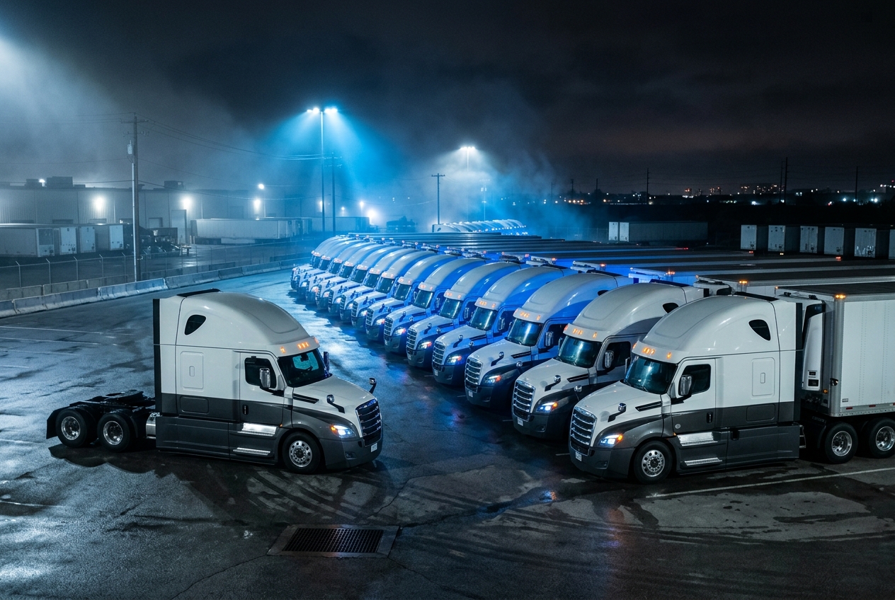 Carrier fleet in a blue-lit staging yard