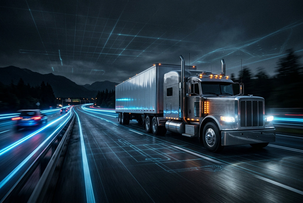 Semi truck on a night highway lit in electric blue